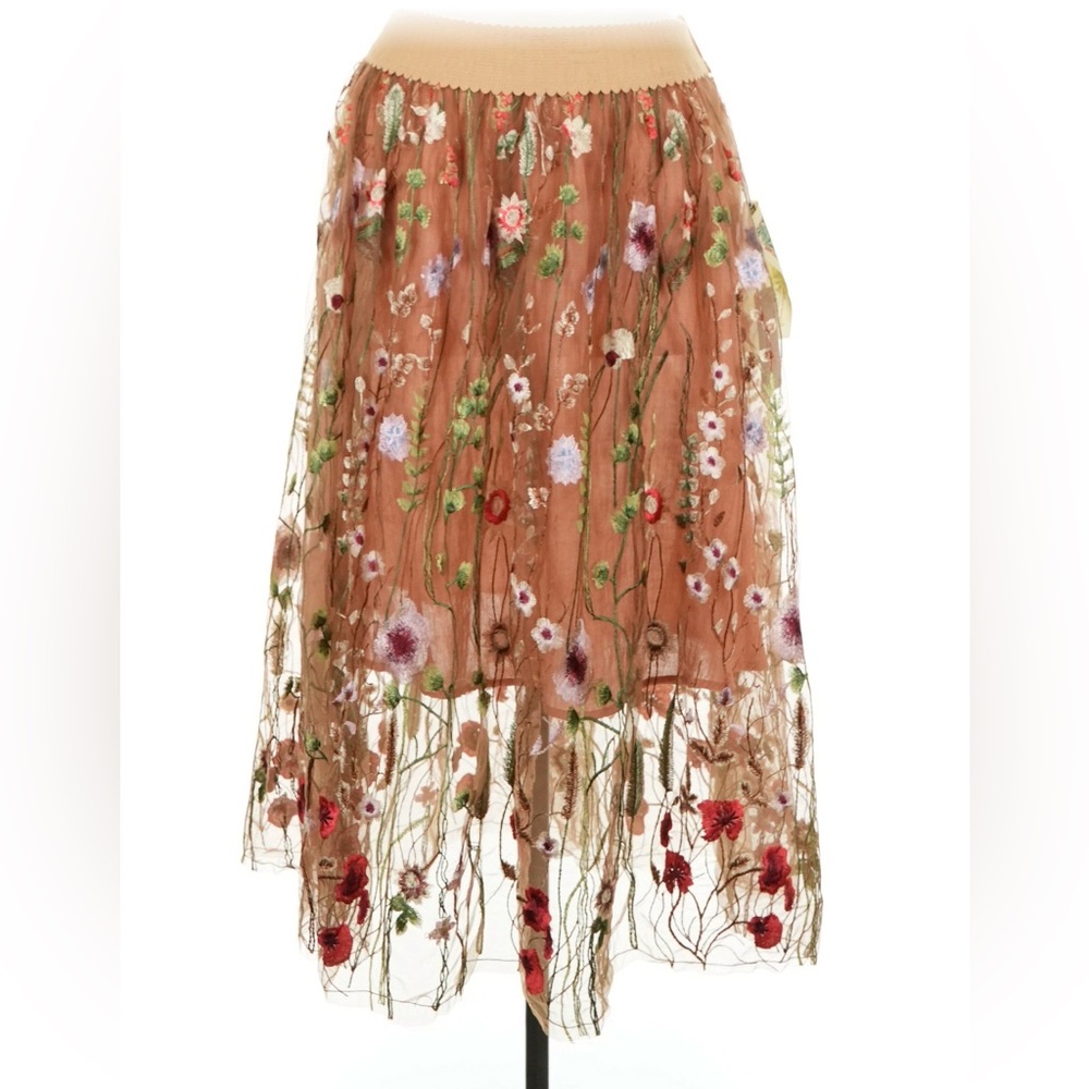 Aratta Embroidered Tulle Midi Skirt Floral Mesh Boho Anthropologie Style Medium